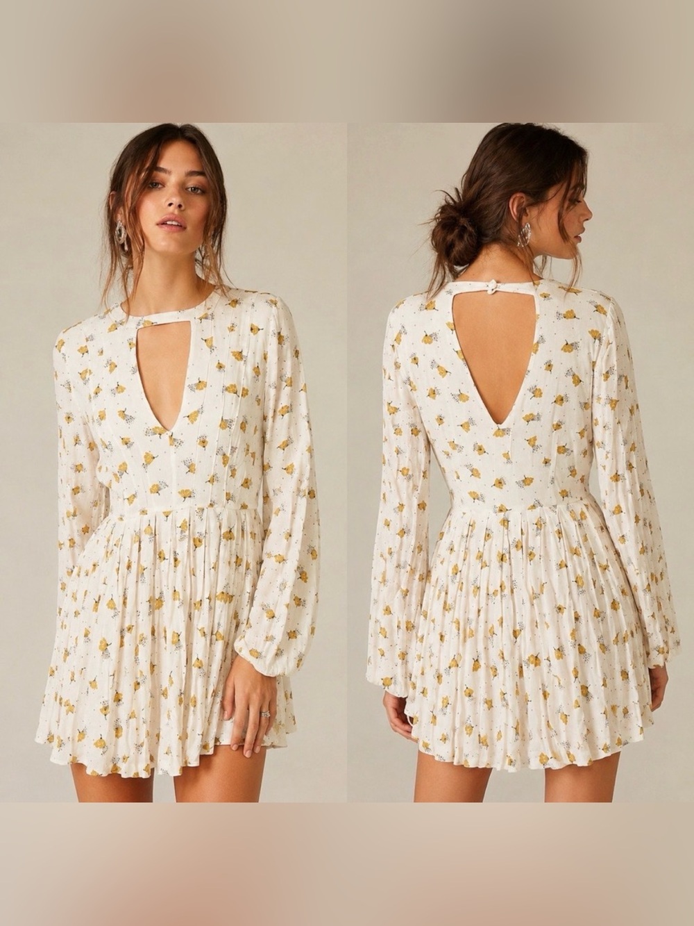 Free People Dress Women’s 2 Tegan Mini Cream Floral Split Bell Sleeve Boho